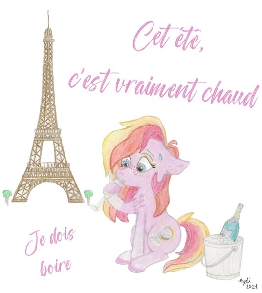 Size: 1016x1137 | Tagged: safe, artist:opti, derpibooru import, oc, oc:harper, bat pony, wingless bat pony, alcohol, bottle, bucket, champagne, champagne glass, eiffel tower, french, ice, image, jpeg, sweat, text, tree, wine, wingless