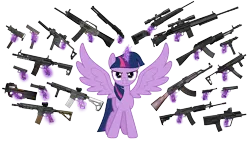 Size: 1920x1080 | Tagged: safe, artist:edy_january, artist:twilirity, derpibooru import, edit, vector edit, twilight sparkle, twilight sparkle (alicorn), alicorn, pony, g4, ak-47, an-94, angry, assault rifle, galil, glock, glock 17, glock 18c, gun, handgun, hk416, image, kriss vector, m1911, m4a1, mac-10, machine pistol, magic, mateba 2006m, msg90a1, mtar-21, pistol, png, remington 870, revolver, rifle, shotgun, sig mcx virtus, sig mpx, simple background, sniper rifle, solo, steyr scout, submachinegun, tec-9, telekinesis, transparent background, usas-12, vector, walther p38, weapon, wings