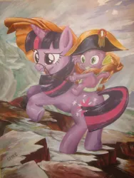 Size: 2121x2828 | Tagged: safe, artist:recycledrapunzel, derpibooru import, spike, twilight sparkle, dragon, pony, unicorn, g4, acrylic painting, bridle, classic art, cloak, clothes, dragons riding ponies, duo, duo male and female, eyebrows, female, fine art parody, frown, hat, high res, image, jpeg, male, mare, napoleon, napoleon bonaparte, napoleon crossing the alps, parody, raised eyebrow, rearing, reins, riding, riding a pony, saddle, smiling, spike riding twilight, tack, traditional art, unamused, unicorn twilight