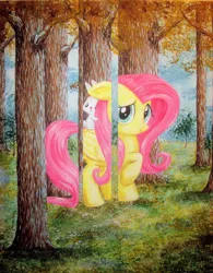 Size: 2162x2774 | Tagged: safe, artist:recycledrapunzel, derpibooru import, angel bunny, fluttershy, pegasus, pony, rabbit, g4, acrylic painting, angel riding fluttershy, animal, duo, duo male and female, female, fine art parody, forest, horse and rider, image, jpeg, male, mare, nature, parody, rabbits riding ponies, raised hoof, rené magritte, riding, riding a pony, surreal, traditional art, tree