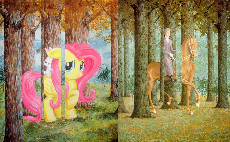 Size: 3119x1923 | Tagged: safe, artist:recycledrapunzel, derpibooru import, angel bunny, fluttershy, g4, classic art, comparison, duo, duo male and female, female, fine art parody, forest, horse and rider, image, jpeg, male, nature, rené magritte, traditional art, tree