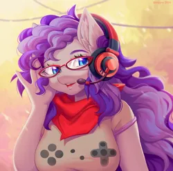 Size: 1200x1191 | Tagged: safe, artist:margony, derpibooru import, oc, oc:cinnabyte, unofficial characters only, anthro, bust, clothes, female, glasses, headphones, headset, image, png, portrait, shirt, solo