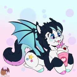 Size: 2700x2700 | Tagged: safe, artist:zackwhitefang, derpibooru import, oc, oc:neo starstorm, unofficial characters only, bat pony, pony, :3, abstract background, artfight, bat pony oc, bat wings, black coat, black mane, black tail, blue blush, blushing, chest fluff, coat markings, colored hooves, colored pinnae, colored wings, drink, drinking, ear tufts, eyelashes, fangs, genderfluid, gift art, gradient eyes, gradient tail, gradient wings, hock fluff, hooves, image, leg fluff, long tail, lying down, mismatched hooves, multicolored tail, png, prone, shiny hooves, short mane, slit pupils, smiling, socks (coat marking), solo, spread wings, tail, two toned eyes, two toned mane, two toned wings, wall of tags, wings