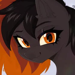 Size: 1500x1500 | Tagged: safe, artist:thieftea, derpibooru import, oc, oc:thunderstruck, unofficial characters only, pegasus, pony, artfight, brown coat, brown eyeshadow, bust, colored eyebrows, colored sclera, ear fluff, eyelashes, eyeshadow, gift art, gray background, image, makeup, multicolored mane, orange eyes, pegasus oc, png, shiny mane, simple background, smiling, solo, thick eyelashes, three toned mane, tri-color mane, tri-colored mane, tricolor mane, tricolored mane, wavy mouth, wings, yellow sclera