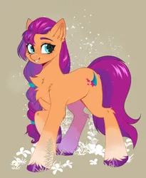 Size: 1132x1379 | Tagged: safe, artist:thieftea, derpibooru import, sunny starscout, earth pony, pony, g5, abstract background, braid, braided ponytail, chest fluff, coat markings, colored eyebrows, colored hooves, cute, ear fluff, eyelashes, gradient legs, hock fluff, hooves, image, leg fluff, long mane, long tail, looking back, missing accessory, plant, png, ponytail, purple hooves, raised hoof, shoulder fluff, smiling, socks (coat marking), solo, standing, standing on three hooves, sunnybetes, tail, tied mane, unshorn fetlocks