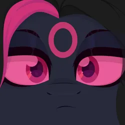 Size: 4600x4600 | Tagged: safe, artist:desombra, derpibooru import, oc, oc:black cherry, unofficial characters only, pegasus, black coat, black eyeshadow, black mane, colored pupils, colored sclera, eyelashes, eyeshadow, face, facial markings, female, frown, frowning at you, image, lidded eyes, looking at you, makeup, pink eyes, pink sclera, png, purple pupils, solo, two toned mane