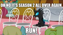 Size: 888x499 | Tagged: safe, derpibooru import, edit, edited screencap, editor:railpony, screencap, daisy, flower wishes, sassaflash, changeling, earth pony, pegasus, pony, g4, season 5, slice of life (episode), caption, chair, discovery family, discovery family logo, female, flower, image, imgflip, impact font, jpeg, kevin, logo, looking right, male, male and female, mare, marriage, meme, nostalgia critic, table, text, that one changeling, town hall, trio, trio male and female, vase, wedding