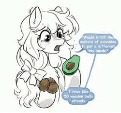 Size: 4096x3830 | Tagged: safe, artist:opalacorn, derpibooru import, oc, unofficial characters only, earth pony, pony, avocado, chest fluff, dialogue, food, grayscale, hoof hold, image, jpeg, monochrome, open mouth, partial color, simple background, solo, speech bubble, white background