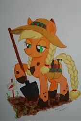 Size: 1374x2048 | Tagged: safe, artist:daisymane, derpibooru import, applejack, earth pony, pony, g4, alternate hairstyle, bag, braid, braided tail, female, hat, image, jpeg, lidded eyes, mare, mud, saddle bag, shovel, solo, sun hat, tail, traditional art