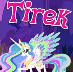 Size: 364x360 | Tagged: safe, derpibooru import, princess celestia, alicorn, pony, g4, cropped, crown, english, ethereal mane, female, gameloft, horn, image, implied lord tirek, jewelry, mare, meme, my little pony: magic princess, png, regalia, solo, spread wings, text, wings, wow! glimmer, wrong