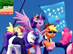 Size: 2885x2160 | Tagged: safe, artist:applephil, derpibooru import, applejack, fluttershy, pinkie pie, rarity, trixie, twilight sparkle, twilight sparkle (alicorn), alicorn, earth pony, pegasus, pony, unicorn, clothes, crown, flag of equestria, glasses, horn, image, jewelry, png, regalia, x eyes