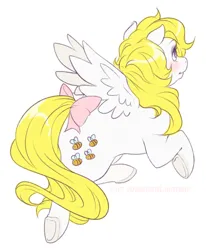 Size: 800x970 | Tagged: safe, artist:suzanami, honeycomb, pegasus, pony, g1, bow, flying, image, jpeg, looking away, looking up, simple background, solo, spread wings, tail bow, white background, wings