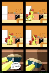 Size: 3943x5883 | Tagged: safe, artist:icycrymelon, derpibooru import, apple bloom, earth pony, pony, g4, spoiler:comic, apple, apple pie, comic, dialogue, female, filly, foal, food, image, kitchen, note, pie, png, refrigerator, solo