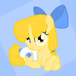 Size: 1000x1000 | Tagged: safe, artist:snowflakepone, derpibooru import, oc, oc:snowflake, unofficial characters only, pony, unicorn, g4, bow, diaper, diaper fetish, female, fetish, filly, foal, hair bow, horn, image, png, simple background, yellow coat, yellow eyes, yellow mane