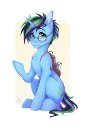 Size: 2362x3543 | Tagged: safe, artist:evelost, derpibooru import, oc, oc:cody bit, unofficial characters only, pony, unicorn, backpack, blue body, chest fluff, commission, ear fluff, glasses, green eyes, horn, image, jpeg, looking at you, raised hoof, simple background, smiling