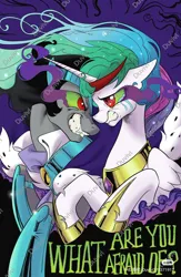 Size: 1080x1661 | Tagged: safe, artist:duvivi, derpibooru import, idw, king sombra, princess celestia, alicorn, pony, unicorn, g4, reflections, spoiler:comic, crying, dark magic, duo, duo male and female, female, former good king sombra, good king sombra, horn, i can't believe it's not idw, image, jpeg, looking at each other, looking at someone, magic, male, mare, red little book source, sad, sombra eyes, stallion, tragic