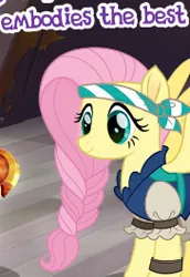 Size: 182x265 | Tagged: safe, derpibooru import, fluttershy, pegasus, pony, g4, my little pony: the movie, bandana, cropped, english, female, gameloft, image, meme, pirate, pirate fluttershy, png, puffy sleeves, smiling, solo, text, wow! glimmer