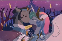 Size: 1080x708 | Tagged: safe, artist:duvivi, derpibooru import, idw, king sombra, princess celestia, alicorn, pony, unicorn, g4, reflections, spoiler:comic, crown, female, good king sombra, horn, image, jewelry, jpeg, kissing, male, peytral, red little book source, regalia, ship:celestibra, shipping, spread wings, straight, wings