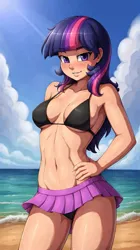 Size: 672x1200 | Tagged: suggestive, ai content, derpibooru import, machine learning generated, prompter:darkfire681, stable diffusion, twilight sparkle, human, g4, beach, bikini, bikini top, breasts, clothes, female, generator:easyfluff v11.2, humanized, image, light skin, microskirt, ocean, png, skirt, stupid sexy twilight, swimsuit, water