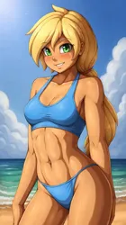 Size: 672x1200 | Tagged: suggestive, ai content, derpibooru import, machine learning generated, prompter:darkfire681, stable diffusion, applejack, human, g4, beach, bikini, bikini bottom, breasts, clothes, eyebrows, eyebrows visible through hair, female, generator:easyfluff v11.2, humanized, image, ocean, png, swimsuit, tan skin, tanktop, water