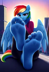 Size: 832x1216 | Tagged: safe, ai content, derpibooru import, machine learning generated, novelai, prompter:neutralfire, stable diffusion, rainbow dash, anthro, pegasus, bust, feet, female, fetish, foot fetish, foot focus, giantess, image, looking at you, macro, png, portrait, prompt in description, request, smiling