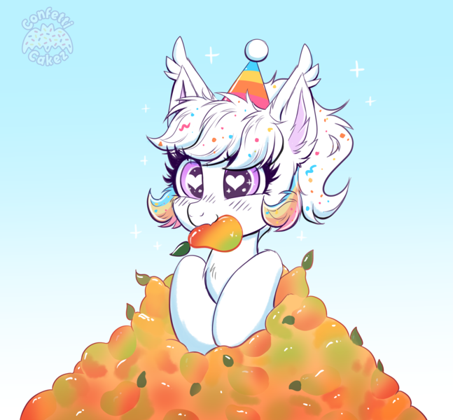 Size: 4312x4000 | Tagged: safe, artist:confetticakez, derpibooru import, oc, oc:confetti cupcake, unofficial characters only, bat pony, pony, absurd resolution, atg 2021, bat pony oc, bat wings, cute, ear fluff, ear tufts, female, food, hat, heart, heart eyes, image, mango, mare, newbie artist training grounds, ocbetes, party hat, png, solo, sparkles, wingding eyes, wings