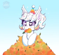 Size: 4312x4000 | Tagged: safe, artist:confetticakez, derpibooru import, oc, oc:confetti cupcake, unofficial characters only, bat pony, pony, absurd resolution, atg 2021, bat pony oc, bat wings, cute, ear fluff, ear tufts, female, food, hat, heart, heart eyes, image, mango, mare, newbie artist training grounds, ocbetes, party hat, png, solo, sparkles, wingding eyes, wings