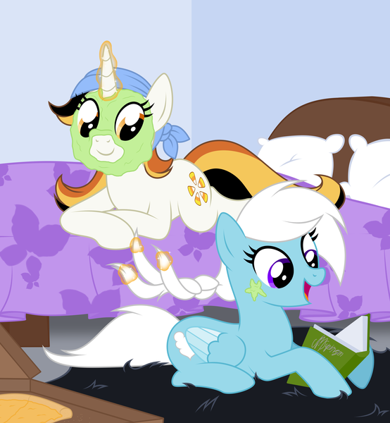 Size: 3600x3900 | Tagged: safe, artist:feather_bloom, edit, editor:strifesnout, oc, oc:candy corn, oc:feather bloom(fb), pegasus, pony, unicorn, bed, bedroom, book, braiding, detailed background, food, hairband, horn, image, lying down, magic, mud mask, pillow, pizza, pizza box, png, reading, sleepover, telekinesis