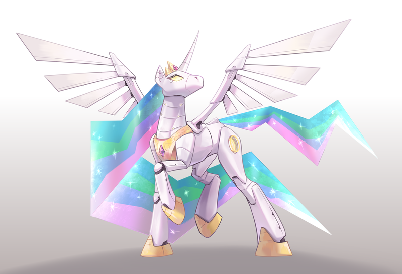 Size: 6300x4300 | Tagged: safe, artist:chopchopguy, derpibooru import, princess celestia, alicorn, pony, robot, robot pony, absurd resolution, gradient background, image, png, raised hoof, robolestia, solo, spread wings, wings