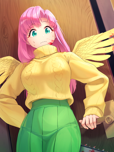 Size: 3000x4000 | Tagged: semi-grimdark, artist:chopchopguy, derpibooru import, fluttershy, human, .mov, shed.mov, blood, chainsaw, clothes, door, fluttershed, high res, humanized, image, png, solo, sweater, sweatershy, wavy mouth, wide eyes, winged humanization, wings