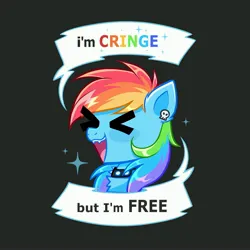 Size: 4000x4000 | Tagged: safe, artist:confetticakez, derpibooru import, rainbow dash, pegasus, pony, g4, >.<, ><, absurd resolution, bust, choker, ear piercing, eyes closed, fangs, female, gray background, image, jewelry, jpeg, mare, mouthpiece, open mouth, piercing, portrait, simple background, solo, sparkles, spiked choker, text