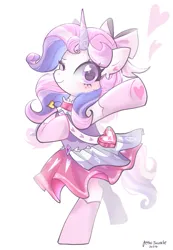 Size: 1421x2048 | Tagged: safe, artist:petaltwinkle, derpibooru import, oc, oc:sugarswirl, unofficial characters only, pony, unicorn, bag, bipedal, blushing, bow, choker, clothes, colored eyelashes, colored horn, curly mane, dress, ear fluff, ear piercing, earring, eye clipping through hair, eyelashes, female, floating heart, frilly dress, frilly skirt, gradient ears, hair accessory, hair bow, heart, heart choker, heart earring, heart eyes, horn, image, jewelry, jpeg, long socks, looking at you, makeup, mane accessory, mare, mare oc, multicolored mane, multicolored tail, one eye closed, piercing, pink bow, pink eyes, pink skirt, pink socks, purple eyelashes, raised hoof, shiny eyes, shoulder bag, signature, simple background, smiling, smiling at you, socks, standing, tail, unicorn horn, unicorn oc, white background, white coat, wingding eyes, wink