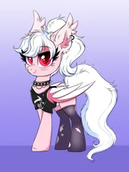 Size: 3000x4000 | Tagged: safe, artist:confetticakez, derpibooru import, oc, oc:cream puff, unofficial characters only, bat pony, pony, bat pony oc, bat wings, choker, clothes, ear fluff, ear piercing, ear tufts, earring, eyebrows, eyebrows visible through hair, fangs, female, folded wings, gradient background, high res, image, jewelry, looking at you, mare, piercing, png, ripped stockings, shirt, smiling, smiling at you, socks, solo, spiked choker, stockings, tail, thigh highs, torn clothes, wings