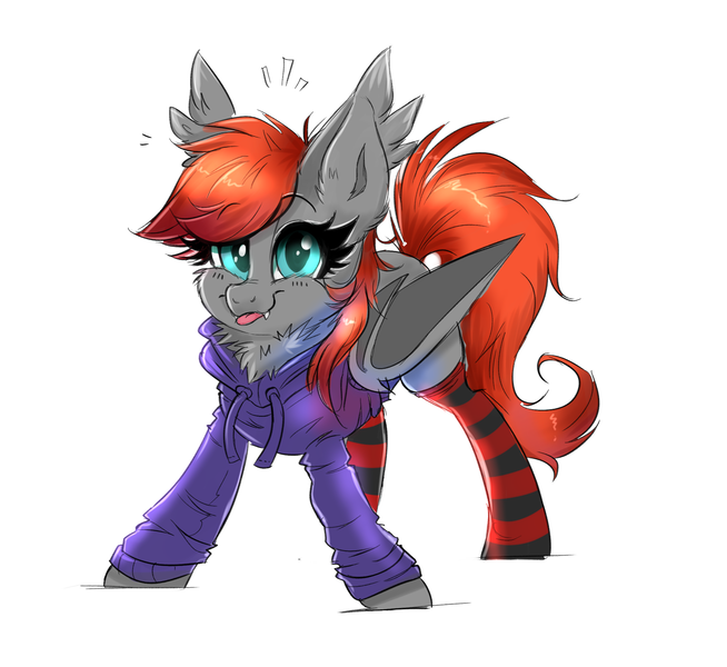 Size: 2109x1935 | Tagged: safe, artist:confetticakez, derpibooru import, oc, oc:grem, unofficial characters only, bat pony, pony, :p, bat pony oc, bat wings, chest fluff, clothes, ear tufts, eyebrows, eyebrows visible through hair, fangs, female, folded wings, hoodie, image, looking at you, mare, png, simple background, smiling, smiling at you, socks, solo, striped socks, tail, tongue out, white background, wings