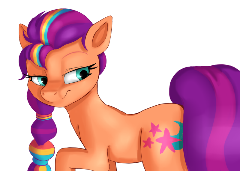 Size: 1240x883 | Tagged: safe, artist:jbond, artist:tre, color edit, derpibooru import, edit, sunny starscout, earth pony, pony, g5, bedroom eyes, colored, covering, female, flank, hairband, image, looking back, mare, png, raised hoof, simple background, smiling, solo, tail, tail covering, white background