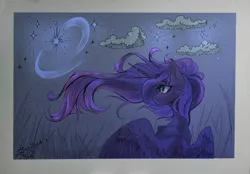 Size: 4000x2789 | Tagged: safe, artist:jsunlight, derpibooru import, princess luna, alicorn, pony, female, image, large wings, mare, partially open wings, passepartout, png, signature, solo, stars, wind, windswept mane, wings