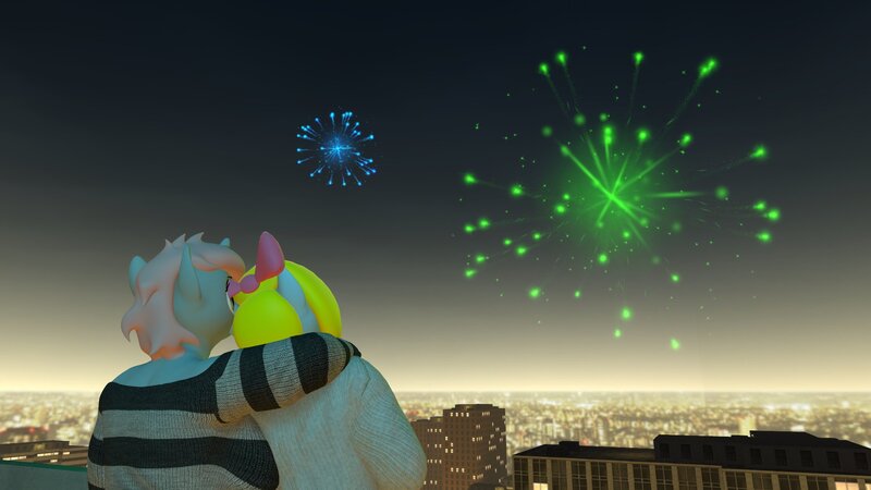 Size: 1920x1080 | Tagged: safe, artist:thunder-blur, ponerpics import, oc, unofficial characters only, anthro, 3d, big breasts, breasts, clothes, female, fireworks, image, jpeg