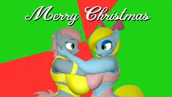 Size: 1920x1080 | Tagged: suggestive, artist:thunder-blur, ponerpics import, oc, unofficial characters only, anthro, 3d, breasts, christmas, clothes, female, holiday, image, jpeg, looking at each other