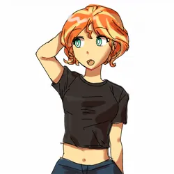 Size: 1280x1280 | Tagged: safe, artist:sugarcube269, derpibooru import, sunset shimmer, human, equestria girls, g4, alternate hairstyle, arm behind head, belly, belly button, black shirt, clothes, female, image, jpeg, midriff, open mouth, shirt, short hair, simple background, solo, stray strand, t-shirt, white background