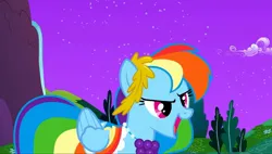 Size: 2137x1214 | Tagged: safe, derpibooru import, screencap, rainbow dash, pegasus, pony, g4, the best night ever, alternate hairstyle, at the gala, beautiful, bush, canterlot, clothes, determined, determined face, determined look, determined smile, dress, female, gala, gala dress, gown, grand galloping gala, grass, image, jpeg, mare, night, rainbow dash's first gala dress, singing, solo, stars, water, waterfall