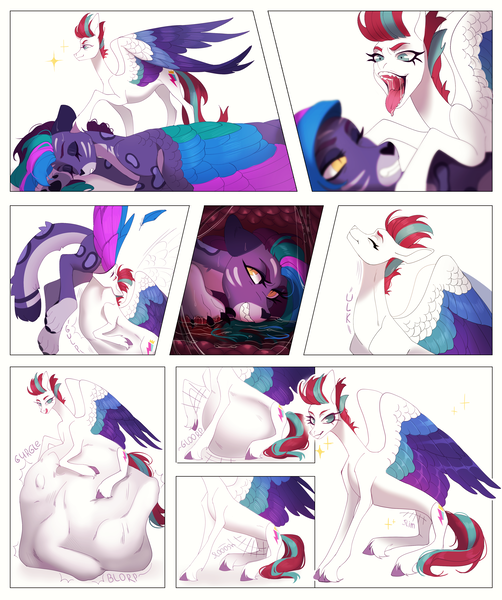 Size: 3344x4000 | Tagged: semi-grimdark, suggestive, artist:meggychocolatka, derpibooru import, zipp storm, big cat, leopard, pegasus, pony, snow leopard, g5, allura, beaten, beaten up, belly, belly bed, big belly, blood, colored, colored wings, comic, commission, commissioner:princess, concave belly, countershading, death, depth of field, digestion, digestion without weight gain, drainpipe throat, drool, duo, duo female, fatal vore, female, female predator, female prey, flapping, flapping wings, floppy ears, full mouth, graphic digestion, gritted teeth, high res, huge belly, image, impossible fit, impossibly large belly, injured, internal, large wings, larger prey, licking, licking lips, lidded eyes, mare, mare pred, mawshot, motion lines, multicolored wings, open mouth, oral vore, partially open wings, png, punish the villain, raised hoof, round belly, same size vore, shading, simple background, sitting, slender, smaller pred, smug, smugzipp, soft vore, sparkles, spread wings, stomach, stomach noise, story included, struggling, stuffed belly, swallowing, teeth, thin, throat bulge, tongue out, unconscious, unshorn fetlocks, vore, vore sequence, wall of tags, white background, wings, zipppred