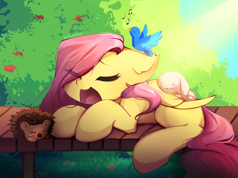 Size: 3000x2250 | Tagged: safe, artist:shavurrr, derpibooru import, angel bunny, fluttershy, bird, hedgehog, pegasus, pony, g4, awakening, bench, flower, grass, image, jpeg, leaves, nature, singing, sleeping, solo, sun, wood, yawn