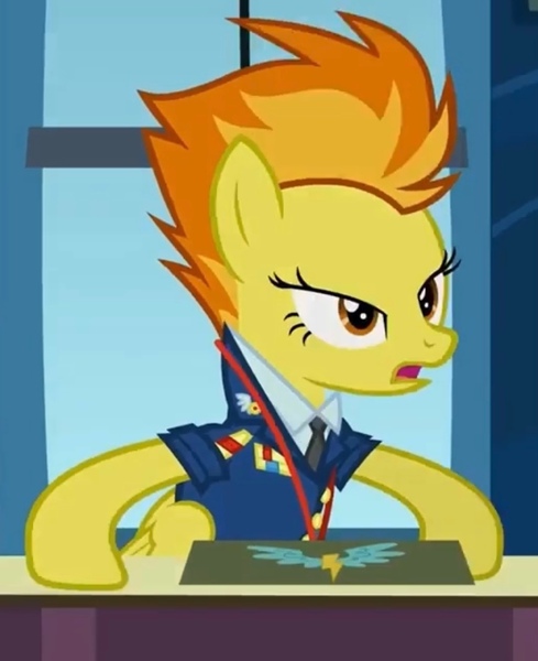 Size: 870x1068 | Tagged: safe, derpibooru import, screencap, spitfire, pegasus, pony, g4, wonderbolts academy, captain of the wonderbolts, clothes, cropped, desk, female, image, jpeg, lidded eyes, mare, necktie, office, shocked, shocked expression, solo, spitfire's office, spitfire's tie, suit, surprised, uniform, window, wonderbolts dress uniform, wonderbolts headquarters