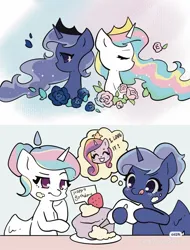 Size: 1024x1350 | Tagged: safe, artist:ayano的百宝袋, derpibooru import, princess cadance, princess celestia, princess luna, g4, back to back, baking, cake, cream, cute, cutedance, cutelestia, female, flower, food, image, jpeg, lunabetes, red little book source, rose, strawberry, trio, trio female