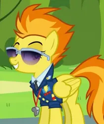 Size: 909x1084 | Tagged: safe, derpibooru import, screencap, spitfire, pegasus, pony, g4, top bolt, bedroom eyes, bush, captain of the wonderbolts, clothes, cloudsdale, cropped, female, happy, image, jpeg, mare, necktie, sexy, smiling, solo, spitfire's tie, spitfire's whistle, stupid sexy spitfire, suit, sunglasses, uniform, whistle, wonderbolts dress uniform