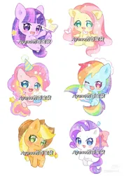 Size: 1080x1528 | Tagged: safe, artist:ayano的百宝袋, derpibooru import, applejack, fluttershy, pinkie pie, rainbow dash, rarity, twilight sparkle, earth pony, pegasus, unicorn, g4, chinese text, cute, dashabetes, diapinkes, horn, image, jackabetes, jpeg, mane six, moon runes, raribetes, red little book source, shyabetes, twiabetes, watermark