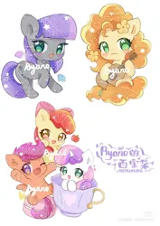 Size: 1080x1527 | Tagged: safe, artist:ayano的百宝袋, derpibooru import, apple bloom, maud pie, pear butter, scootaloo, sweetie belle, earth pony, pegasus, unicorn, g4, adorabelle, adorabloom, chinese text, cup, cute, cutealoo, cutie mark crusaders, guitar, horn, image, jpeg, maudabetes, moon runes, musical instrument, pearabetes, red little book source, watermark