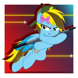 Size: 5000x5000 | Tagged: safe, artist:jhayarr23, derpibooru import, oc, oc:lucky bolt, unofficial characters only, pegasus, pony, backwards ballcap, baseball cap, bow, cap, commission, cool, determined, female, gun, hair bow, hat, image, png, simple background, solo, weapon, ych result