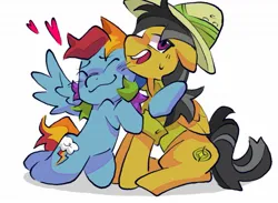 Size: 1677x1229 | Tagged: safe, artist:lound, derpibooru import, daring do, rainbow dash, pegasus, pony, g4, :3, blue coat, blush lines, blushing, clothes, duo, duo female, eyebrows, eyebrows visible through hair, eyelashes, eyes closed, fangirl, fangirling, female, floating heart, frown, gray mane, gray tail, grin, hat, heart, hug, image, jpeg, long mane, long tail, mare, multicolored hair, multicolored mane, multicolored tail, nervous, nervous grin, open frown, open mouth, open smile, pith helmet, profile, rainbow hair, rainbow tail, raised hoof, raised hooves, shadow, short tail, simple background, sitting, smiling, spread wings, sweat, sweatdrop, tail, tan coat, three toned mane, three toned tail, tri-color mane, tri-color tail, tri-colored mane, tri-colored tail, tricolor mane, tricolor tail, tricolored mane, tricolored tail, vest, white background, wings