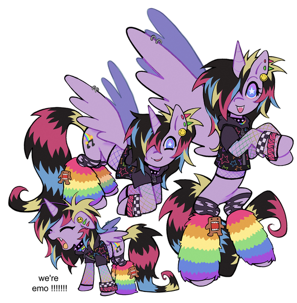 Size: 2000x2042 | Tagged: safe, artist:toycasino, derpibooru import, oc, oc:sparky, unofficial characters only, alicorn, pony, alicorn oc, artfight, bracelet, choker, clothes, coontails, domo, ear piercing, earring, eyes closed, fangs, female, fishnet clothing, flying, frown, furry leg warmers, gauges, gift art, gradient eyes, hair over one eye, helix piercing, high res, hoodie, horn, image, jewelry, leaning forward, leg warmers, long tail, looking at you, mare, mare oc, meme, multicolored mane, multicolored tail, necklace, open frown, open mouth, open smile, partially open wings, piercing, png, purple coat, raised hoof, raised hooves, raver, ripped stockings, scene, scene hair, short mane, simple background, slender, smiley face, smiling, smiling at you, socks, spiked choker, spiky mane, spiky tail, spread wings, starry eyes, stockings, striped leg warmers, striped tail, tail, text, thick horn, thigh highs, thin, torn clothes, two toned eyes, we're emo, white background, white pupils, wing piercing, wingding eyes, wings, yelling